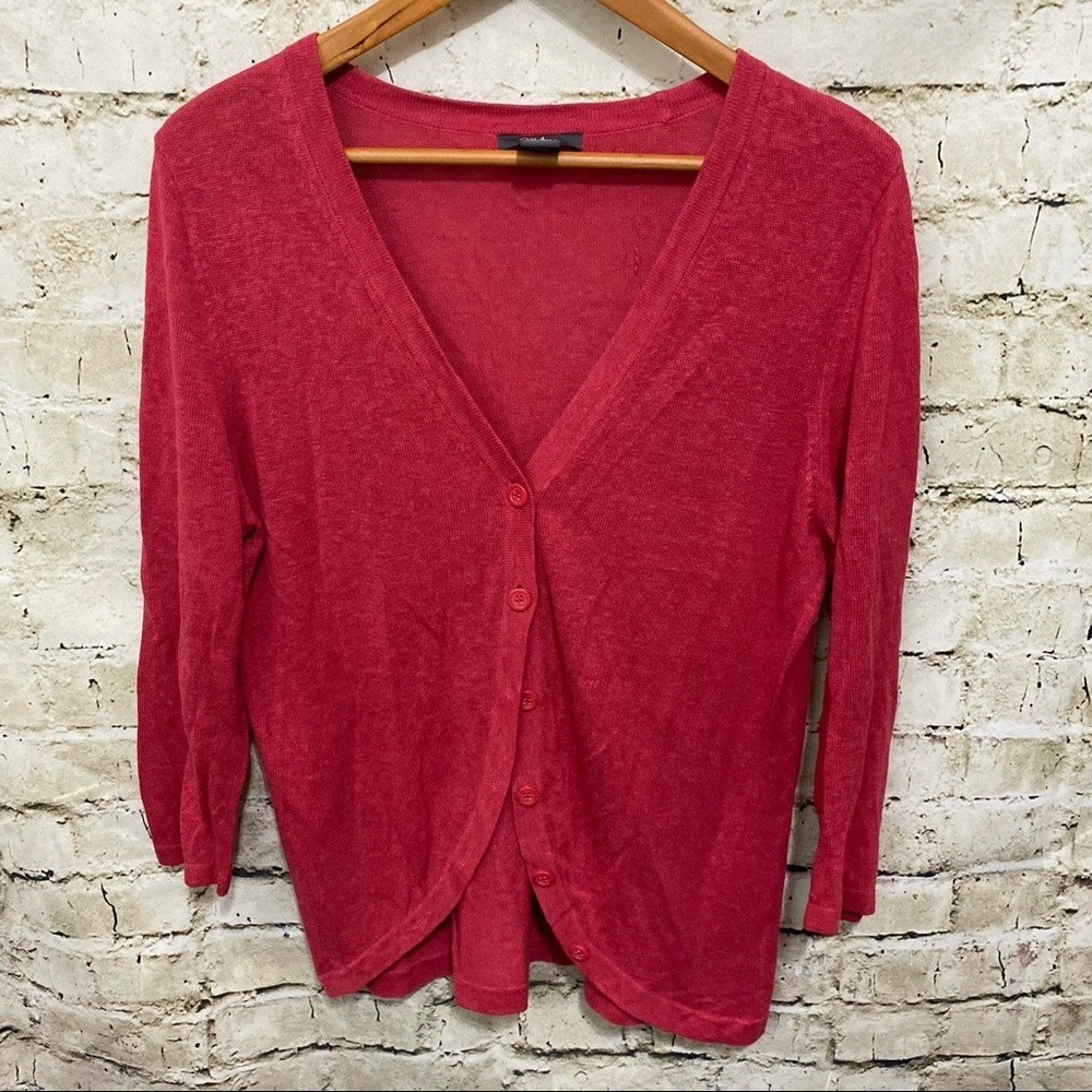 Madison Salmon Linen Blend V Neck 3/4 Sleeve Cardigan